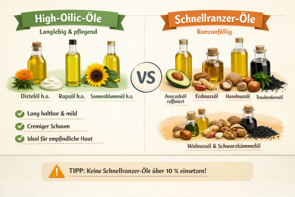 Informatives Foto (von KI erstellen lassen)
Hihg-Oilic-Öle: Langlebig & pflegend,
Distelöl h.o., Rapsöl. h.o. Sonnenblumenöl h.o.
lang haltbar & mild
cremiger Schaum
Ideal für empfindliche Haut
Schnellranzeröle:
Avocadoöl raffiniert, Erdnussöl, Haselnussöl, Traubenkernöl, Walnussöl & Schwarzkümmelöl
Tipp: Keine Schnellranzer-Öle über 10% einsetzen. Bild habe ich von KI erstellen lassen (lt. KI soll das noch nirgends existieren)
