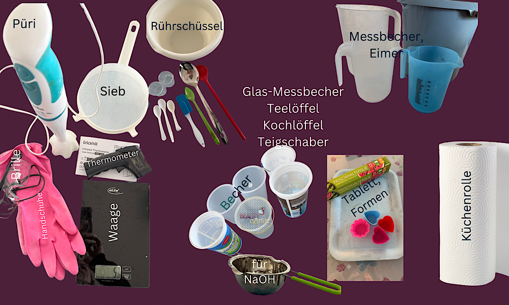 Alternativer Text: Dunkler bordeauxfarbener Hintergrund. von oben links: Prüierstab int türkis und weiß, Sieb in weiße, Rührschüssel in weiß, Messbecher und Eimer in weiß bzw. blau, Glas Messbecher für 50 ml verschiedene Löffel, Schöpfkellen, Teigschaber mit Stiel, Kochlöffel. Unten links nach rechts: Pinkfarbene Handschuhe, darauf liegt eine Sicherheitsbrille, daneben eine schwarze Grammwaage und ein Thermometer in schwarz, es folgen 6 verschiedene Plastikbecher (in denen mal Joghurt usw. war), darunter ein silberner Topf mit Ausgießer rechts und links, darauf steht für NaOH und dann folgt ein hellblaues Tablett mit Frischhaltefolie und 3 Silikon-Herzformen; 2 davon in rot eines in blau und eine pinke Silikon-Cupcake-Form. Es folgt eine weiße Küchenrolle. Seife sieden Zubehör: Diese Utensilien brauchst du wirklich