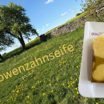 Löwenzahnseife und eine Wiese mit Bäumen sind zu sehen