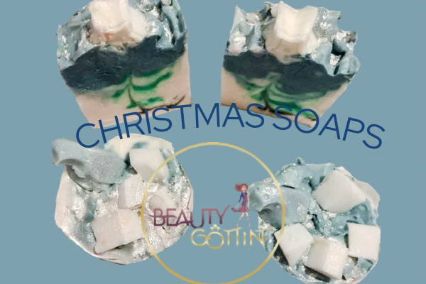 Weihnachtsseife mit Baum-Swirl und Stern. Eisscholle mit Pinguin
